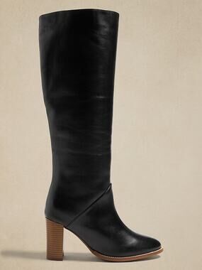NEW Banana Republic Tall Black Leather Boots Brown Block Heel Timeless Luxury